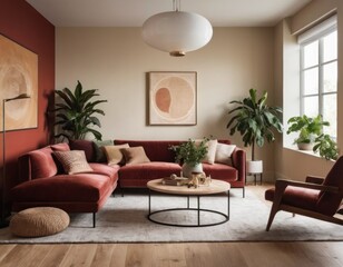 Modern living room interior with red sofa, armchair, decorative plants, and artwork on a terracotta wall.