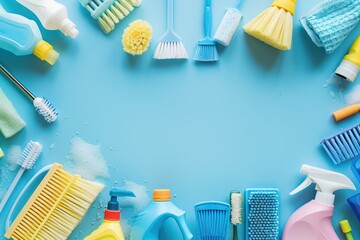 Colorful cleaning products on plain blue background. Housecleaning concept.