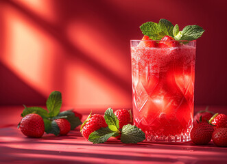 Strawberry cocktail with fresh strawberries and mint on red background
