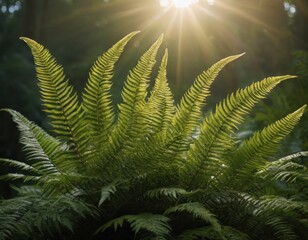 Sunlight filtering through a lush forest, highlighting green ferns.