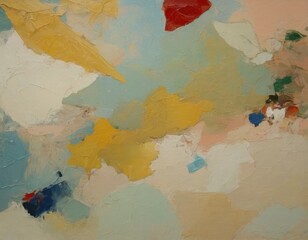 Abstract pastel painting with textured brushstrokes in soft yellow, blue, and red on a light background.