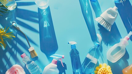 Colorful cleaning products on plain blue background. Housecleaning concept