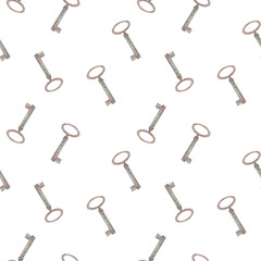 Old watercolor keys, seamless pattern on a white background. Retro, vintage, keyhole, secret, barn lock. Illustration template for textile design, gift wrapping, tableware, wallpaper, office