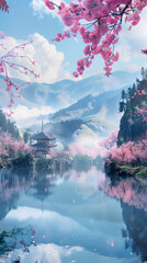 Sakura Blossom Season in Japan: Tranquil Landscape Featuring a Traditional Pagoda and Cherry...