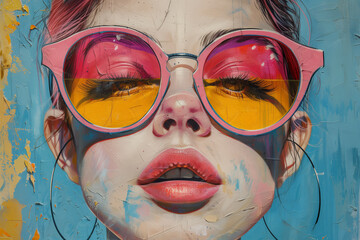 Vibrant pop art painting of a woman's face with pink sunglasses against a blue background.