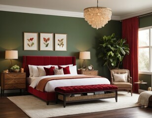 Elegant bedroom interior with a plush bed, red accent wall, and modern hanging lights.