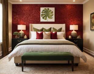 Elegant bedroom interior with a plush bed, red accent wall, and modern hanging lights.
