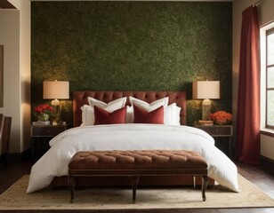 Elegant bedroom interior with red accent wall, decorative mirror, and stylish bedside lamps.
