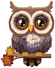 Adorable cartoon owl sitting on a wooden branch