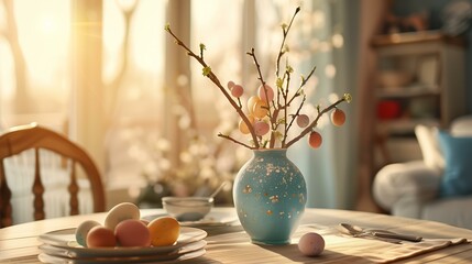 Easter table decorated with Easter eggs in a natural style. beautiful easter decorations - obrazy, fototapety, plakaty