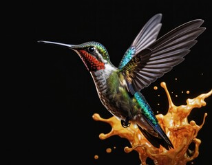 Close-up of a colorful hummingbird against a black background, showcasing vibrant plumage and delicate features.