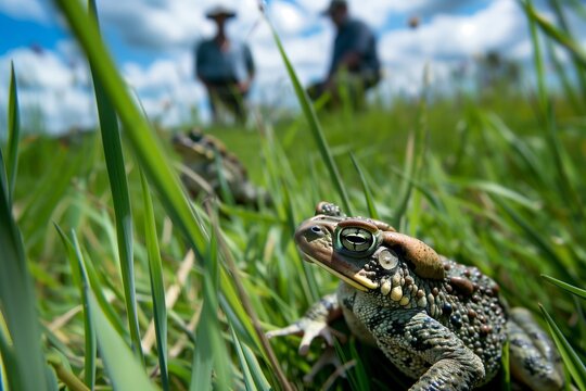 toads navigating through tall grass with an ecologist tracking movement