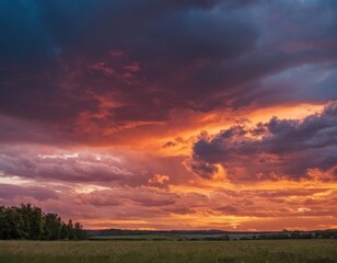 Naklejka na ściany i meble Dramatic sunset with fiery clouds over a serene countryside landscape.