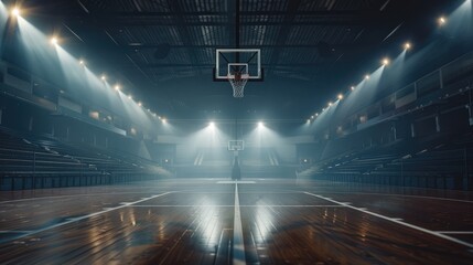Empty basketball court, sports field, stadium with flashlights - obrazy, fototapety, plakaty