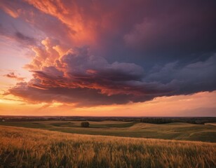 Dramatic sunset with fiery clouds over a serene countryside landscape.