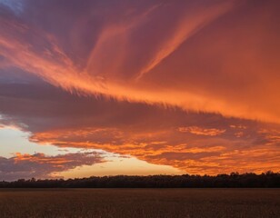 Dramatic sunset with fiery clouds over a serene countryside landscape.