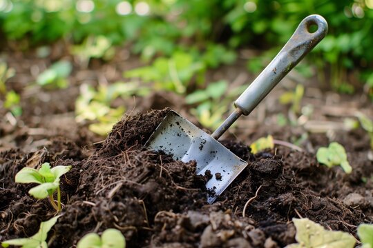 trowel with a heap of compost in a garden setting