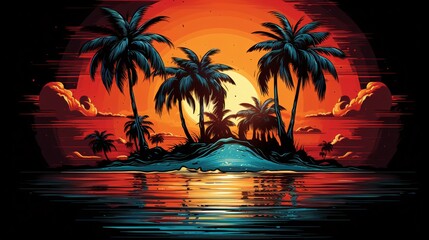 a sunset over a tropical island - obrazy, fototapety, plakaty