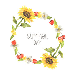 Watercolor summer wreath with yellow flowers - sunflowers, tulips and cherries. Round floral frame for wedding invitations or greeting cards isolated on white background