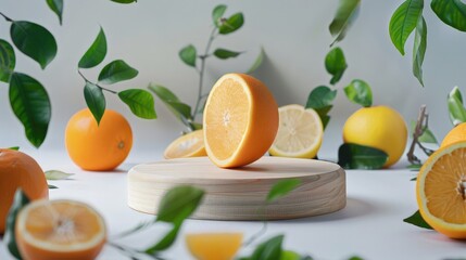 Empty round wooden stand on a light gray background surrounded by citrus fruits. Showcase