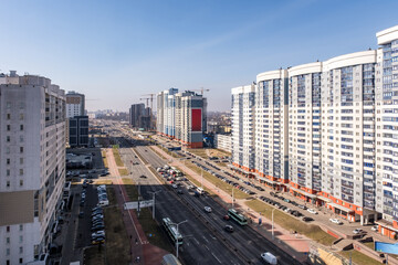 aerial panoramic view from great height of city with a private sector and high-rise urban apartment...