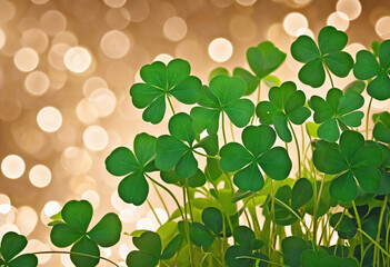 Festive background with shining clover shamrocks and golden bokeh colorful background