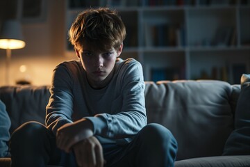 Depressed 15 years old teenager boy, sad and unhappy, sitting on a sofa. Depression danger.