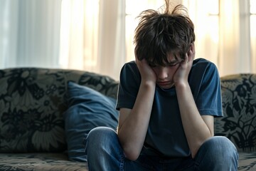 Obraz premium Depressed 15 years old teenager boy, sad and unhappy, sitting on a sofa. Depression danger.
