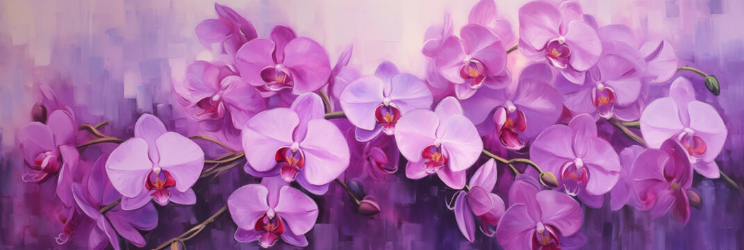 purple orchid flowers painted with oil paints, art design