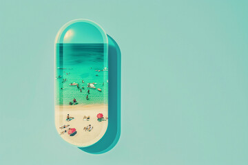  People relaxing at the beach, sea, ocean  all contained in a pill capsule 
the background is light green, blue