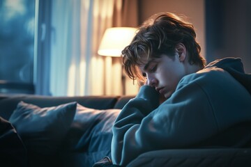 Fototapeta premium Depressed 15 years old teenager boy, sad and unhappy, sitting on a sofa. Depression danger.