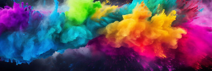 rainbow color holi powder burst banner, art design on black background