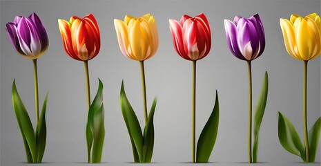 row of  colorful tulip flowers cutout object  on transparent background  