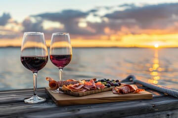 wine glasses on pier with charcuterie board, sunset view