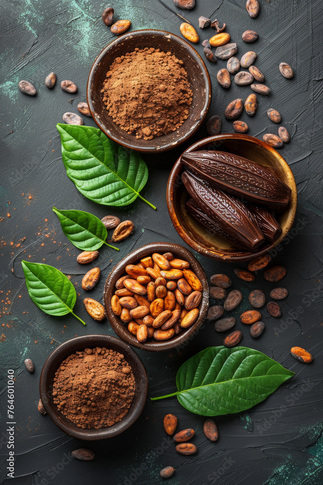 Poster cocoa powder cocoa beans and cocoa beans in bowls on dark background