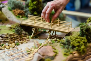 person adjusting a small wooden bridge in a landscape model