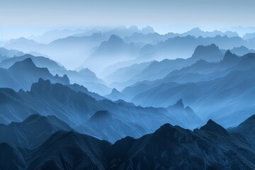 Obraz premium Beautiful misty mountain landscape, blue and grey colors