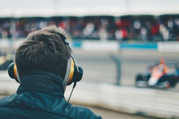 spectator with earmuffs at a car racing event - obrazy, fototapety, plakaty