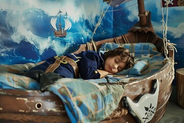 young pirate asleep on shipshaped bed in a room decorated like the ocean
