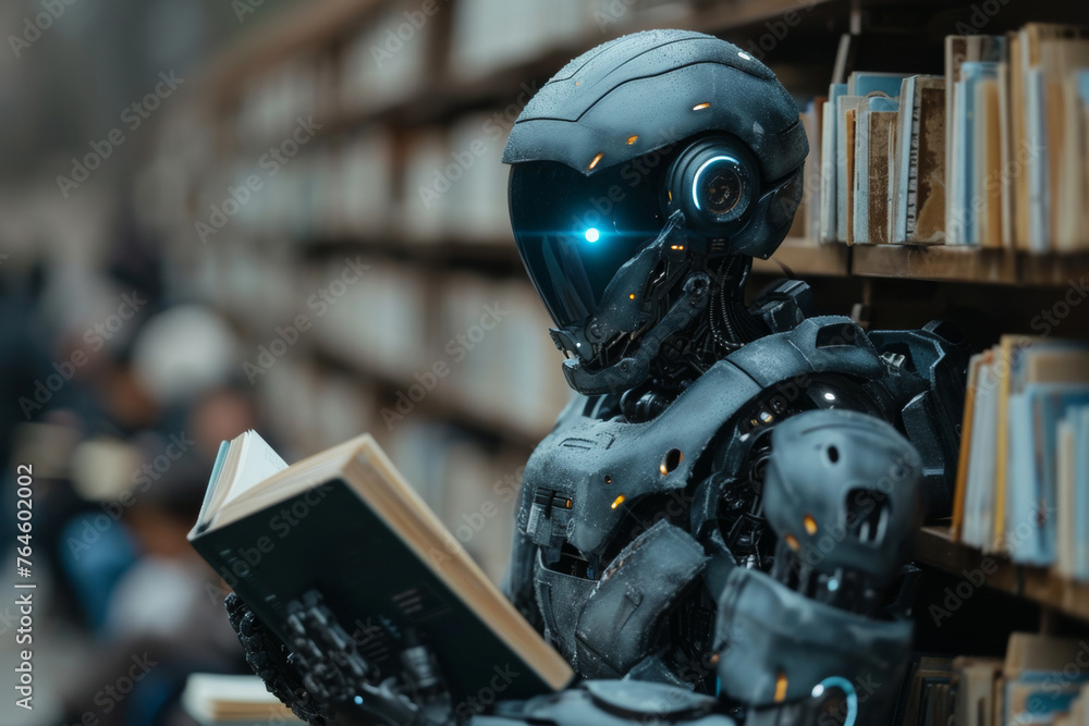 Poster robot reading book in library