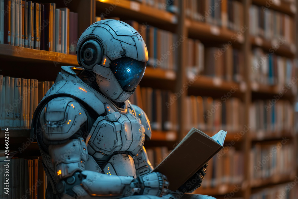 Aufkleber robot sits in library and reads book