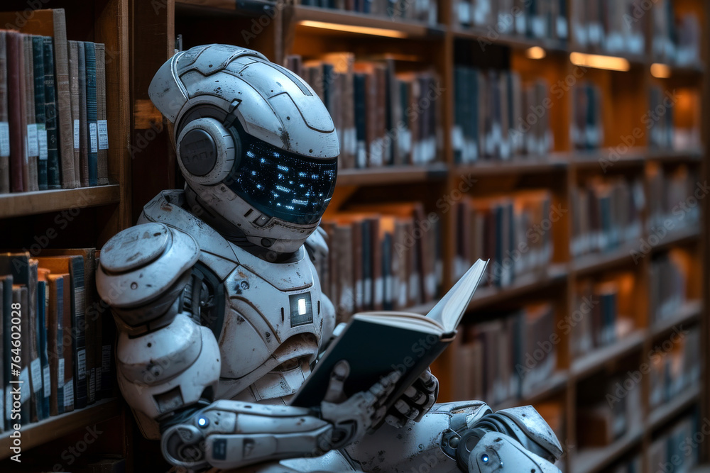 Poster robot reading book in library