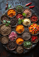 Colorful aromatic Indian spices and herbs on metal tray.
