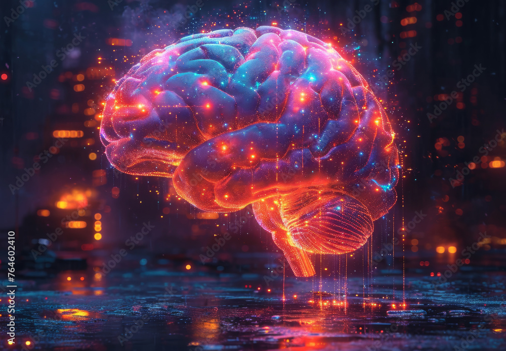 Poster brain is surrounded by digital data and information surrounded by network of lights.