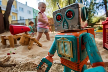 robot toy in a sandbox with a child in the background - obrazy, fototapety, plakaty