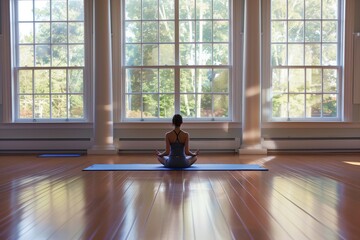 yoga mat on hardwood floor, person in lotus pose, large windows with soft light - obrazy, fototapety, plakaty