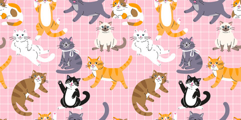 Seamless pattern with Cute funny cats. Lovely Kitten design.  Hand drawn trendy vector illustration. Adorable pet background. - 764602488