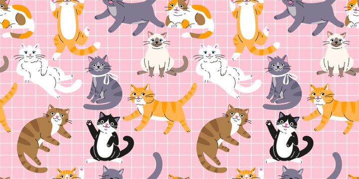 Seamless pattern with Cute funny cats. Lovely Kitten design.  Hand drawn trendy vector illustration. Adorable pet background.