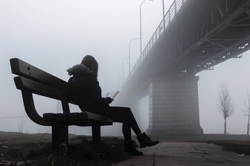 person reading book on bench with bridge fog - obrazy, fototapety, plakaty