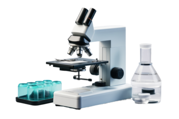 Illuminated Exploration: Microscope and Liquid Elixir. On White or PNG Transparent Background..
